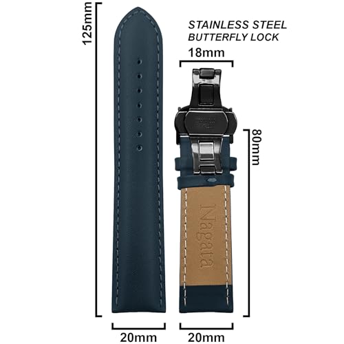 DBLACK ''NAGATA3'' Leather Watch Strap with Butterfly Lock, Minimalist Design Watch Belt // For 18mm, 20mm, 22mm, or 24mm Watch Band (Choose Your Size & Color) (Blue, 22mm / Silver) - Image 2