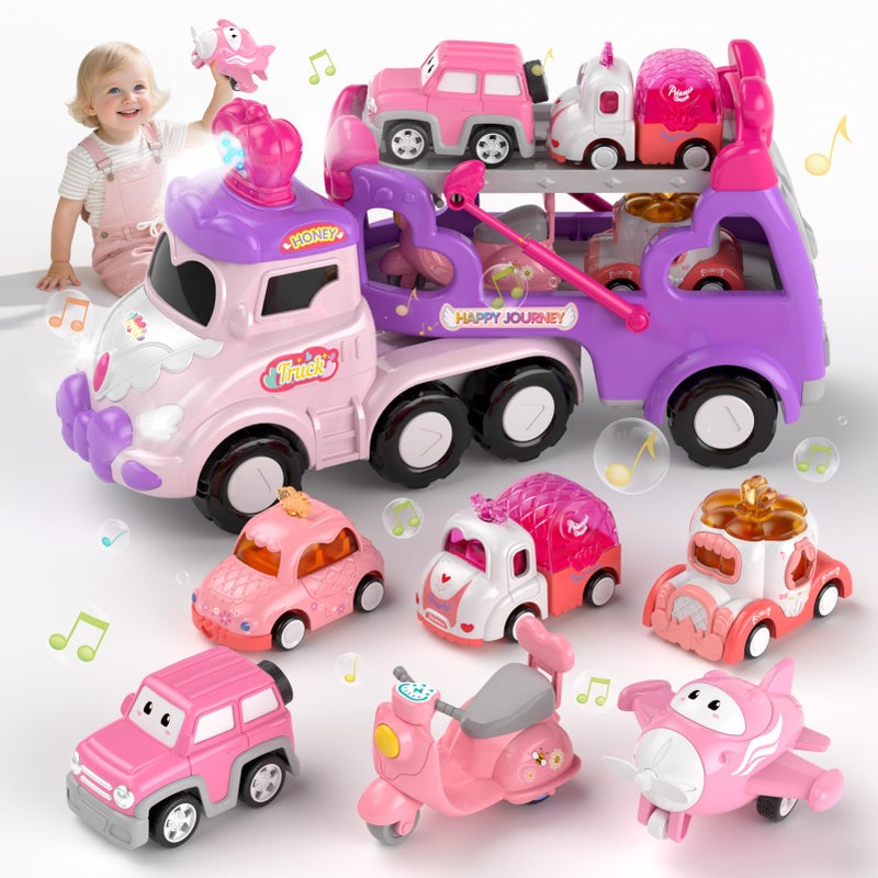 newcrave Cars Toys for 1 2 3 Year Old Girl 7in1 Carrier Truck Toy for Toddler Girls Friction Power Cars with Light Sound 1 2 3 Year Old Girl Birthday - Image 3