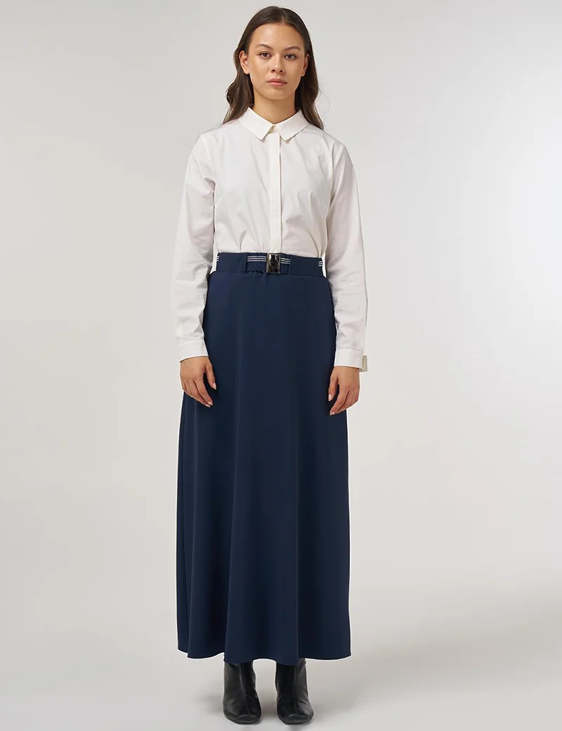 Kayra Belt Loop Detail Skirt Dark Navy