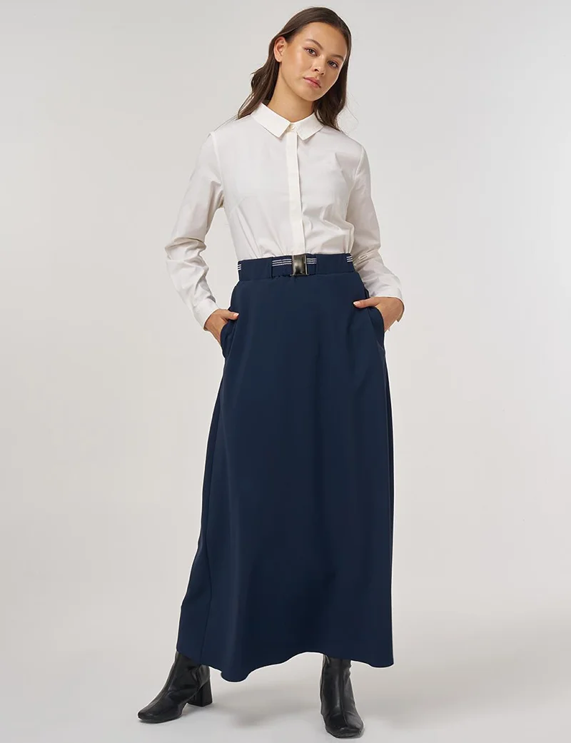 Kayra Belt Loop Detail Skirt Dark Navy