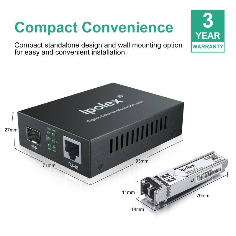 ipolex Gigabit Multi-Mode LC Fiber to Ethernet Media Converter with SFP SX Module, 1.25G Fiber to Copper RJ45, 1000Base-SX to 10/100/1000Base-TX, MMF, Transmission up to 550 meters/1804 ft - Image 4