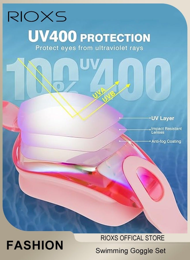 RIOXS 4 Pcs Swimming Goggle Set- Anti-Fog Swimming Goggles,Swim Cap,Swimming Ear Plugs Nose Clips And Drawstring Bag,UV Protection Clear Kids Swim Goggles,No-Leaking Adjustable Goggles - Image 3