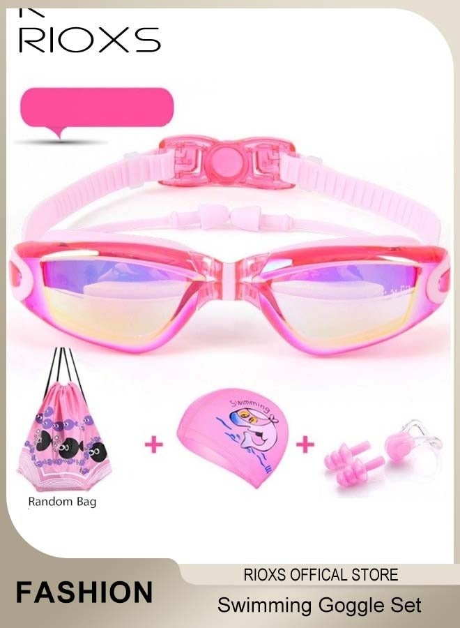 RIOXS 4 Pcs Swimming Goggle Set- Anti-Fog Swimming Goggles,Swim Cap,Swimming Ear Plugs Nose Clips And Drawstring Bag,UV Protection Clear Kids Swim Goggles,No-Leaking Adjustable Goggles - Image 1