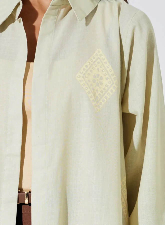 Amirah  Green All Over Print Open Front Collared Abaya for Women | Best Price UAE
