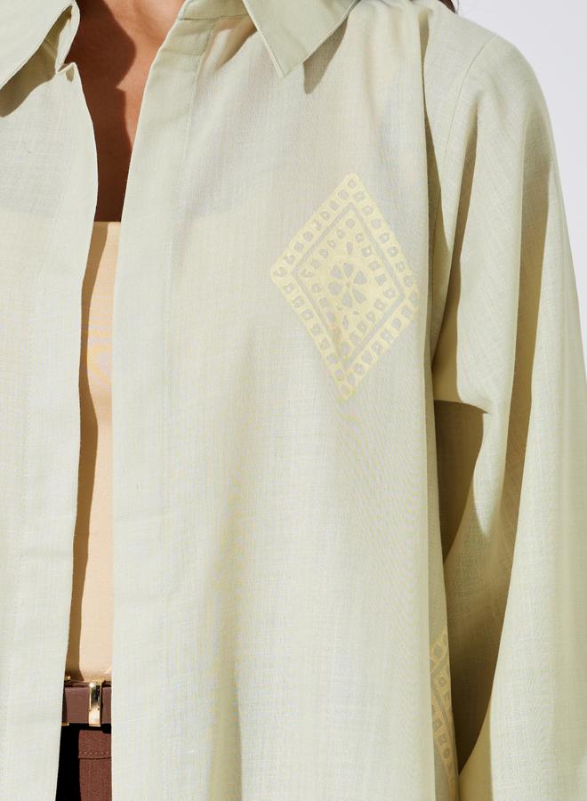 Amirah Green All Over Print Open Front Collared Abaya - Image 4