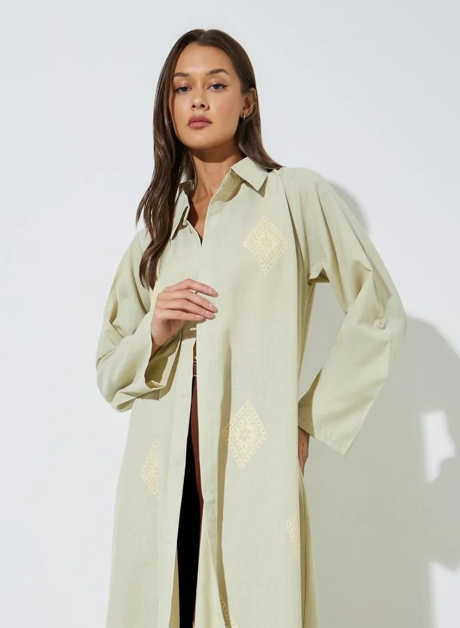 Amirah  Green All Over Print Open Front Collared Abaya for Women | Best Price UAE
