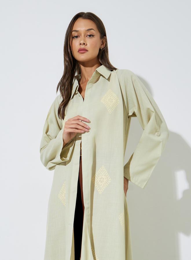 Amirah Green All Over Print Open Front Collared Abaya - Image 2