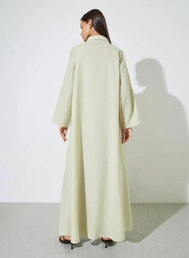 Amirah  Green All Over Print Open Front Collared Abaya for Women | Best Price UAE