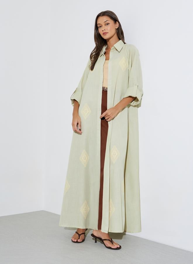 Amirah Green All Over Print Open Front Collared Abaya - Image 1
