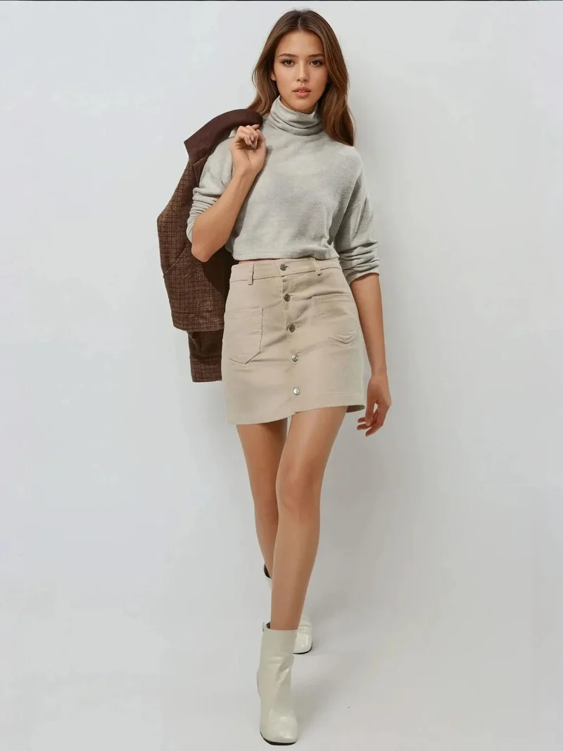 زوبعة تنورة قصيرة مستقيمة بخصر مرتفع وإغلاق بأزرار