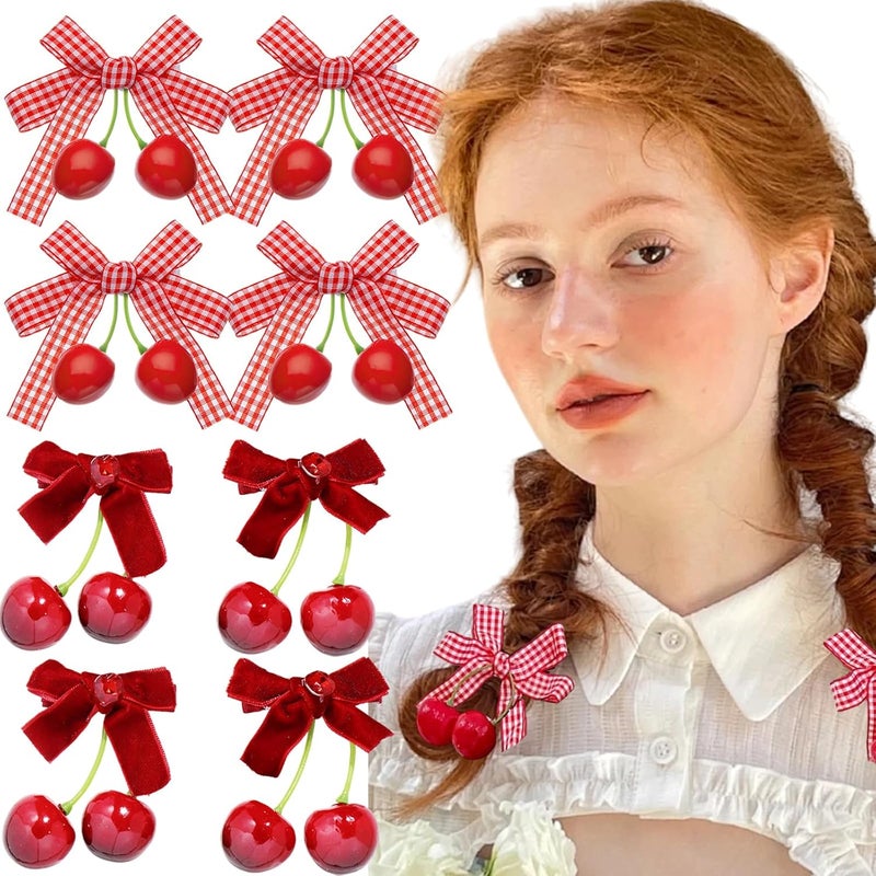 AUOCATTAIL 8 Pcs Cherry Bow Hair Clip Sweet Cute Rhinestone Bow Alligator Clips Red White Plaid Hair Barrettes Hair Accessories for Women Girls Christmas Hair Decoration