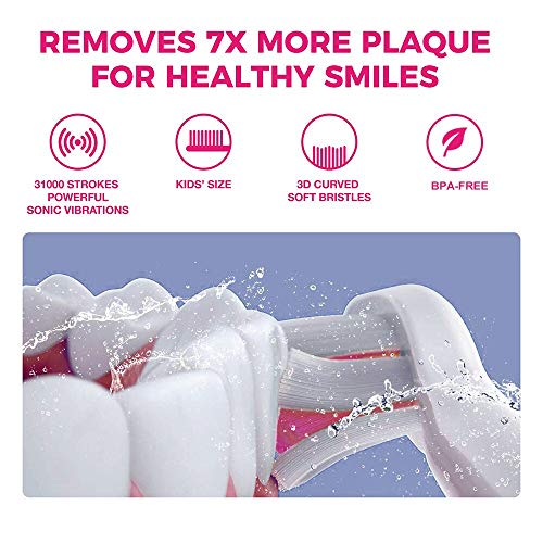 Vekkia Sonic Rechargeable Kids Electric Toothbrush, 3 Modes with Memory, Fun & Easy Cleaning, 24000 Strokes, IPX7 Waterproof, 2-Min Timer for Age 5+, 4 Soft Bristles(Pink) - Image 5