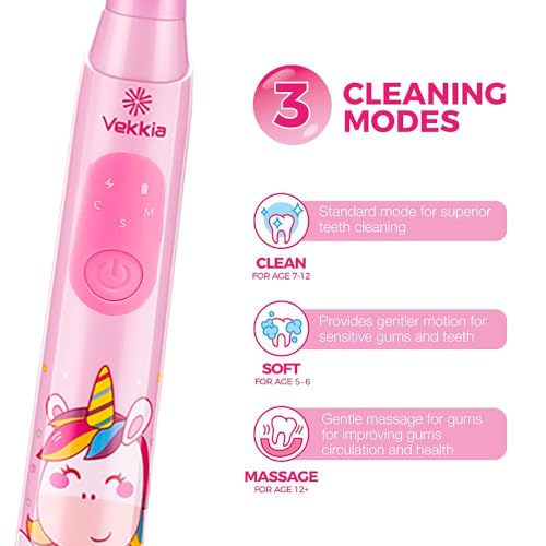 Vekkia Sonic Rechargeable Kids Electric Toothbrush, 3 Modes with Memory, Fun & Easy Cleaning, 24000 Strokes, IPX7 Waterproof, 2-Min Timer for Age 5+, 4 Soft Bristles(Pink) - Image 3