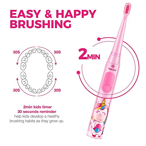 Vekkia Sonic Rechargeable Kids Electric Toothbrush, 3 Modes with Memory, Fun & Easy Cleaning, 24000 Strokes, IPX7 Waterproof, 2-Min Timer for Age 5+, 4 Soft Bristles(Pink) - Image 4