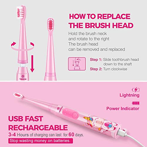 Vekkia Sonic Rechargeable Kids Electric Toothbrush, 3 Modes with Memory, Fun & Easy Cleaning, 24000 Strokes, IPX7 Waterproof, 2-Min Timer for Age 5+, 4 Soft Bristles(Pink) - Image 2