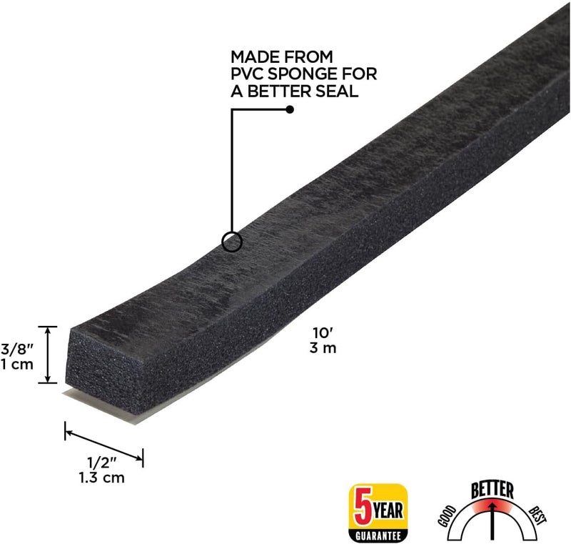 M-D Building Products Premium Weather-Strip - 1/2 in W X 10 Ft L X 3/8 in T, Black Rubber Foam Seal - Image 2
