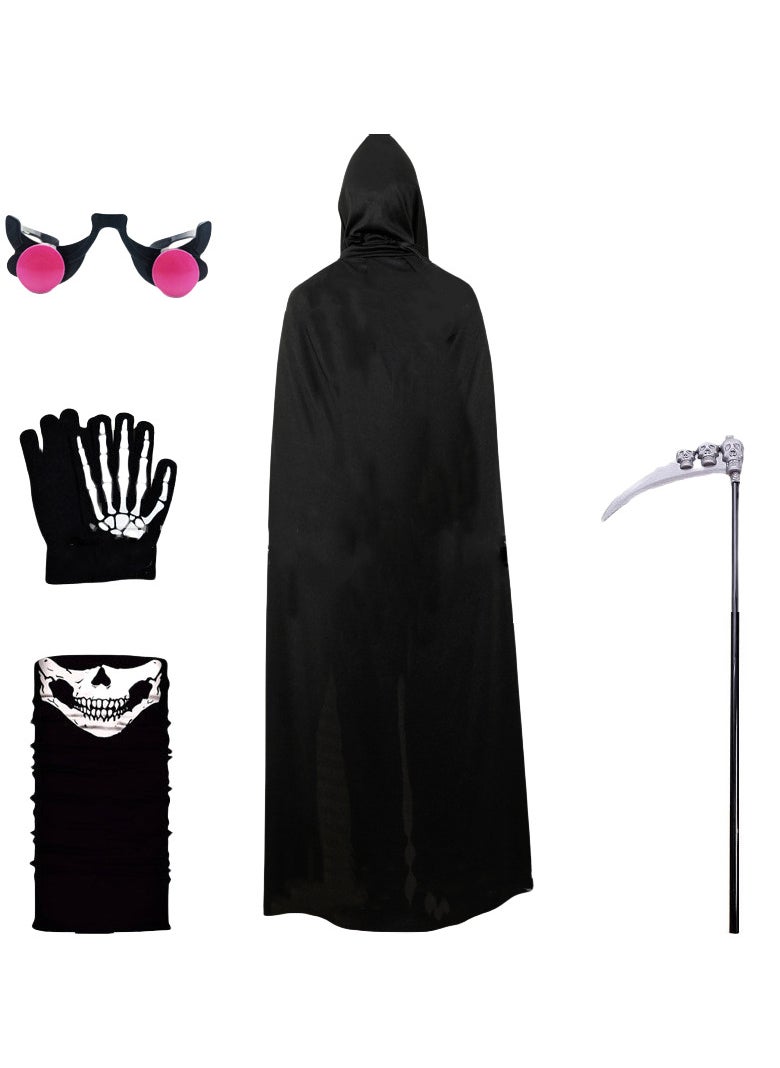 AUTOYSUR Grim Reaper Costume for Adults and Child Black Hooded Cape with Accessories Scythe Skull Gloves Mask Grim Reaper Robe Party Costume Cosplay  - Image 2