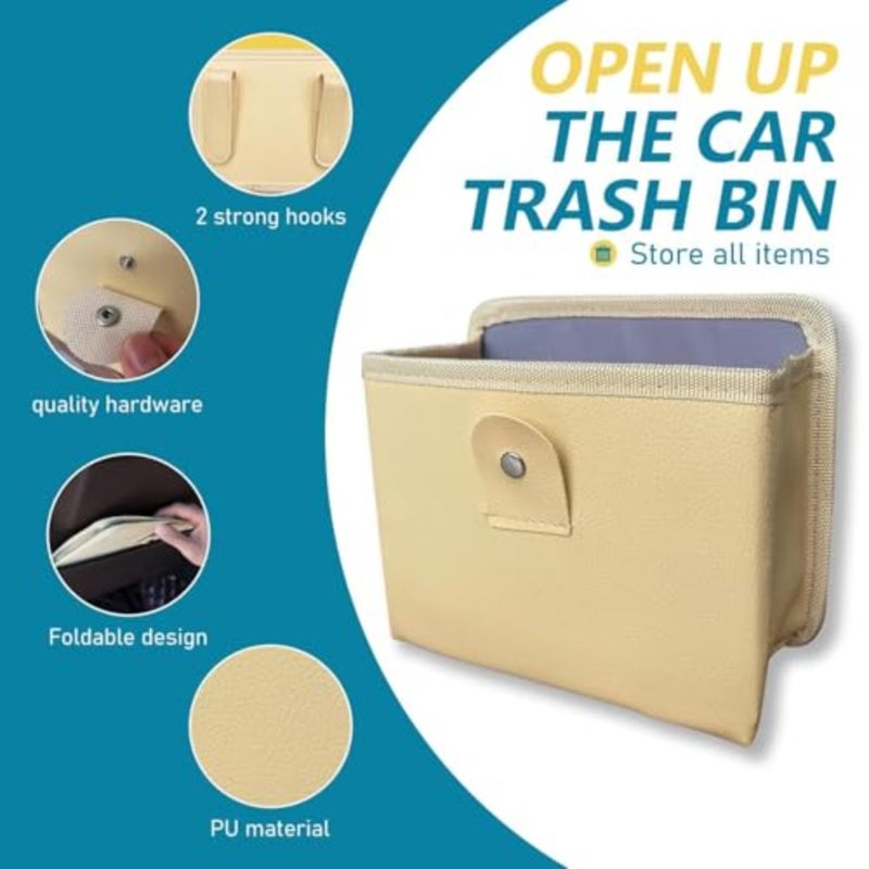 Leak-Proof Backseat Trash Bin, Fashionable Hanging Waste Sack, Includes Roll of Refill Liners, Multipurpose for SUV/Truck/Van, Store Litter and Debris Beige - Image 3