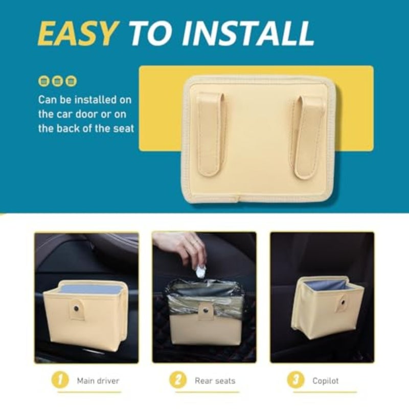 Leak-Proof Backseat Trash Bin, Fashionable Hanging Waste Sack, Includes Roll of Refill Liners, Multipurpose for SUV/Truck/Van, Store Litter and Debris Beige - Image 4