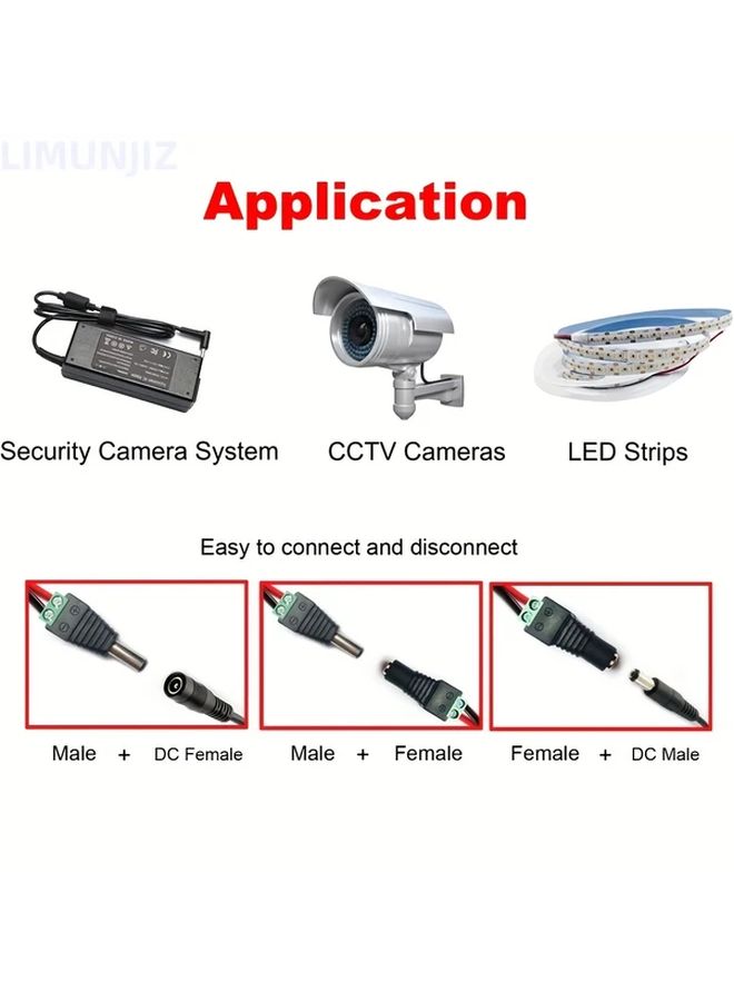 12V DC Power Connector Kit 10 Pairs Male Female Jacks 5.5mm x 2.1mm Heavy Duty Wire Leads - Image 3