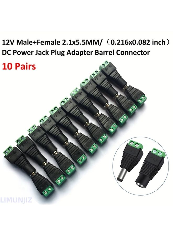 12V DC Power Connector Kit 10 Pairs Male Female Jacks 5.5mm x 2.1mm Heavy Duty Wire Leads - Image 1
