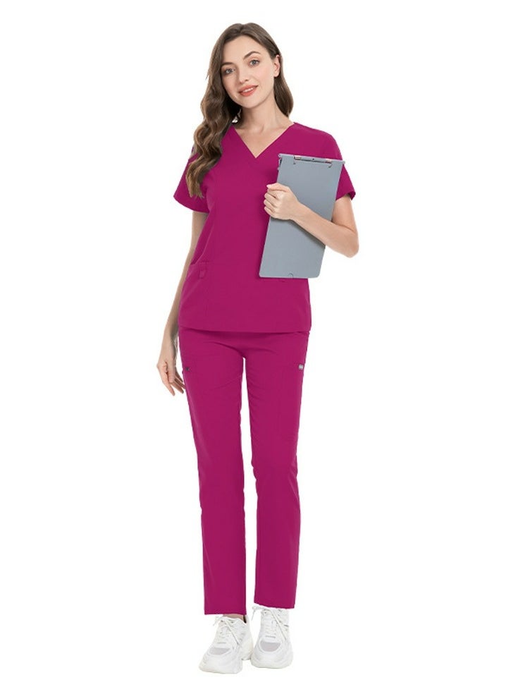 Loquat Unisex Fashion Medical Uniform Scrubs 2 Piece Set V-Neck Top and Pants Suit Rose Pink  - Image 1