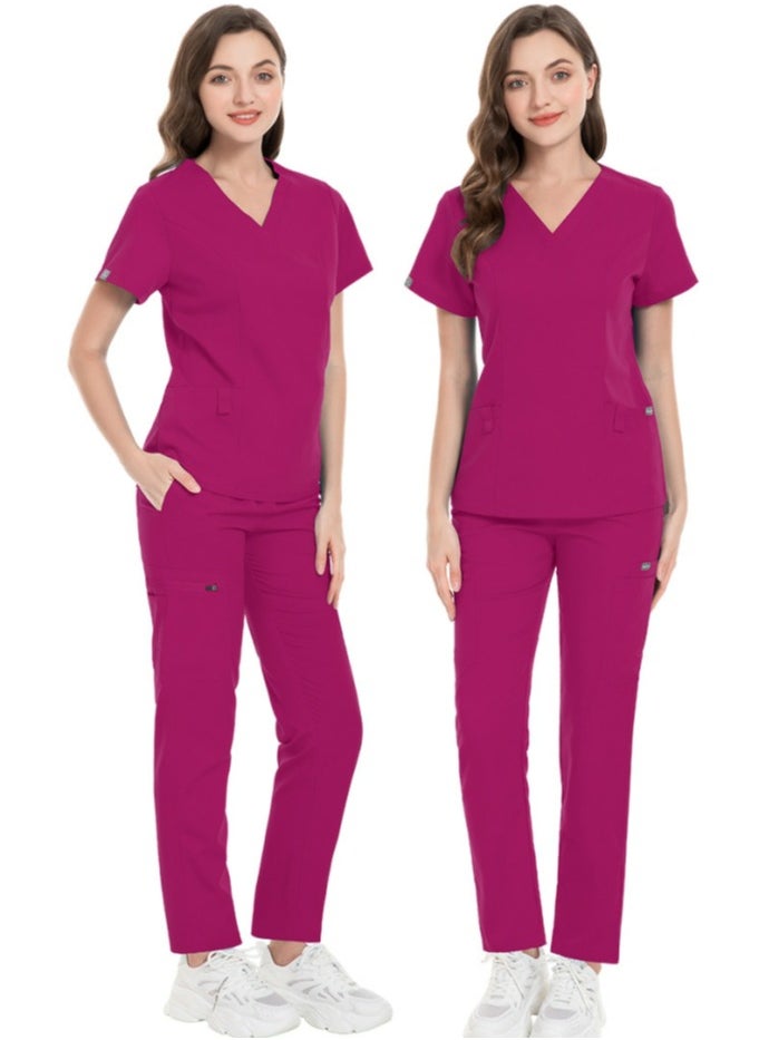Loquat Unisex Fashion Medical Uniform Scrubs 2 Piece Set V-Neck Top and Pants Suit Rose Pink  - Image 2