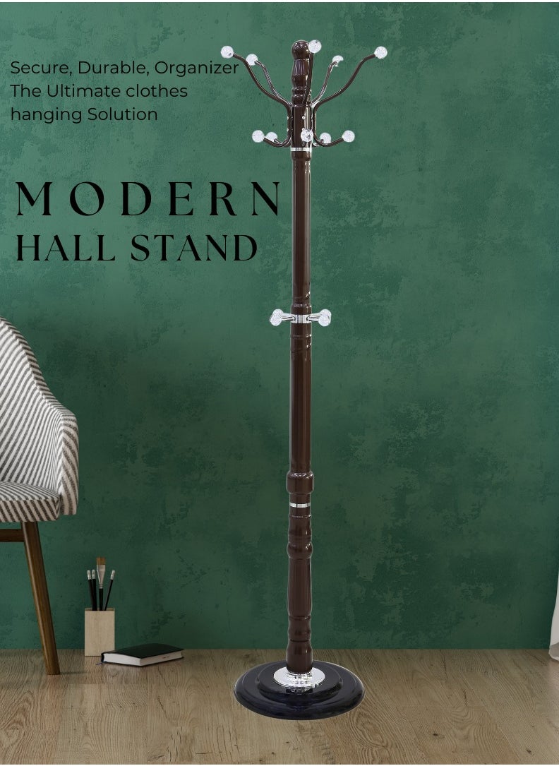 AFT - AFT Metal Coat Rack Stand With Rubber Base, Free Standing Hall Tree with 14 Hooks For Hanging Scarf, Bag, Jacket, Home Entry-way Hat Hanger Organizer- Brown Tree shape - Image 1