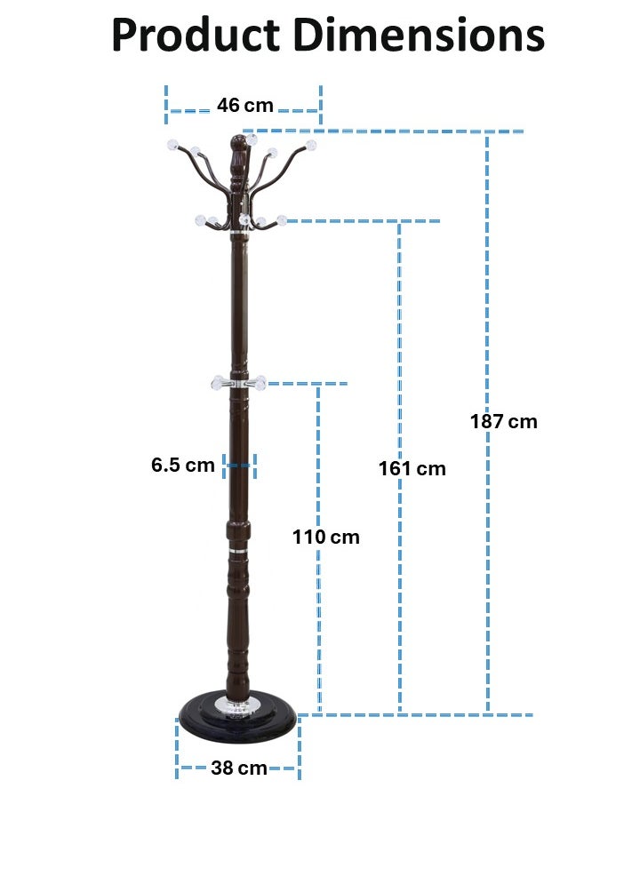 AFT - AFT Metal Coat Rack Stand With Rubber Base, Free Standing Hall Tree with 14 Hooks For Hanging Scarf, Bag, Jacket, Home Entry-way Hat Hanger Organizer- Brown Tree shape - Image 1
