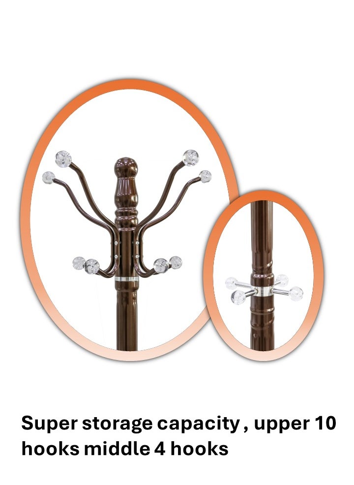 AFT - AFT Metal Coat Rack Stand With Rubber Base, Free Standing Hall Tree with 14 Hooks For Hanging Scarf, Bag, Jacket, Home Entry-way Hat Hanger Organizer- Brown Tree shape - Image 1