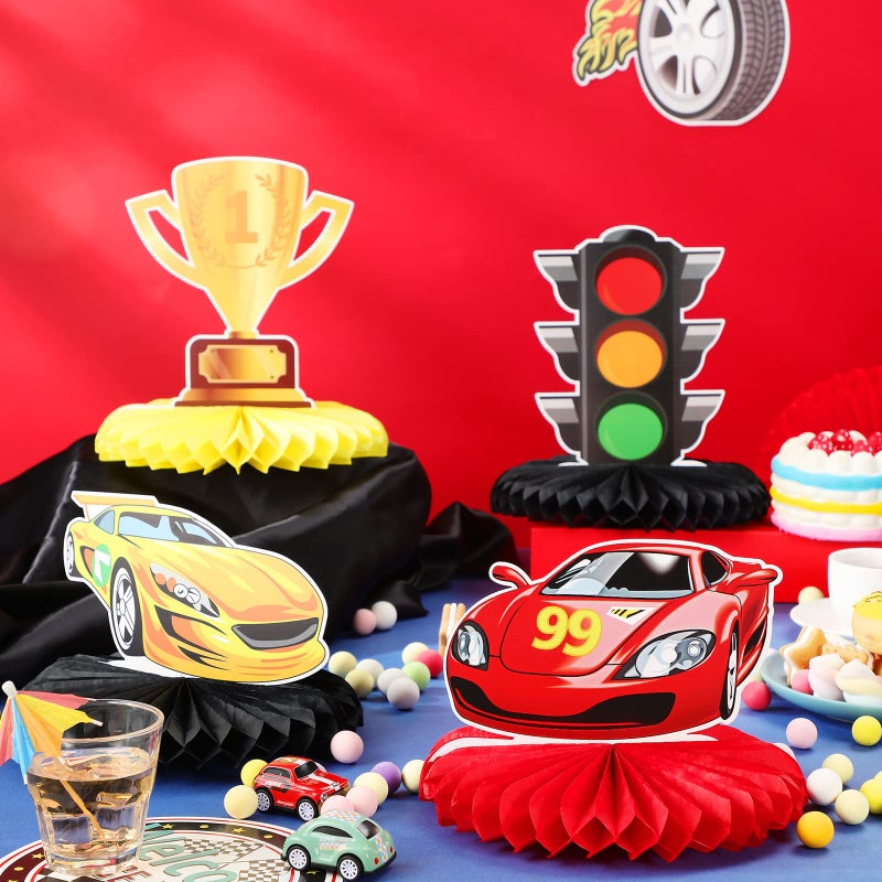 Inbagi 9 Pieces Race Car Party Decorations Race Car Honeycomb Centerpieces Racing Party Table Decor Double-Sided Cars Photo Booth Props for Birthday Supplies - Image 5