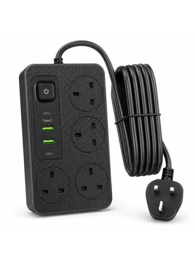 شريط تمديد طاقة بطول 5 متر مع 4 منافذ تيار متردد بريطانية، 2 منفذ USB-A و 2 منفذ USB-C للشحن السريع، 2500 واط كحد أقصى، مفتاح رئيسي، شديد التحمل، أسود - Image 1