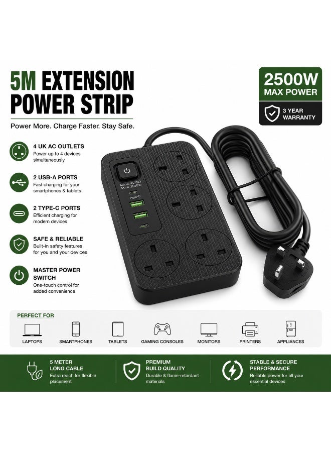 شريط تمديد طاقة بطول 5 متر مع 4 منافذ تيار متردد بريطانية، 2 منفذ USB-A و 2 منفذ USB-C للشحن السريع، 2500 واط كحد أقصى، مفتاح رئيسي، شديد التحمل، أسود - Image 2