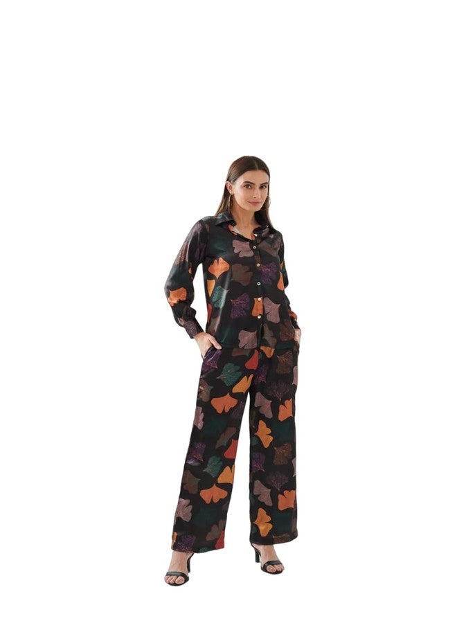 PATLANI Women's Co-ord Set (Red leavs Printed Crop Shirt & Elasticated Waist Pant Set) - Image 1