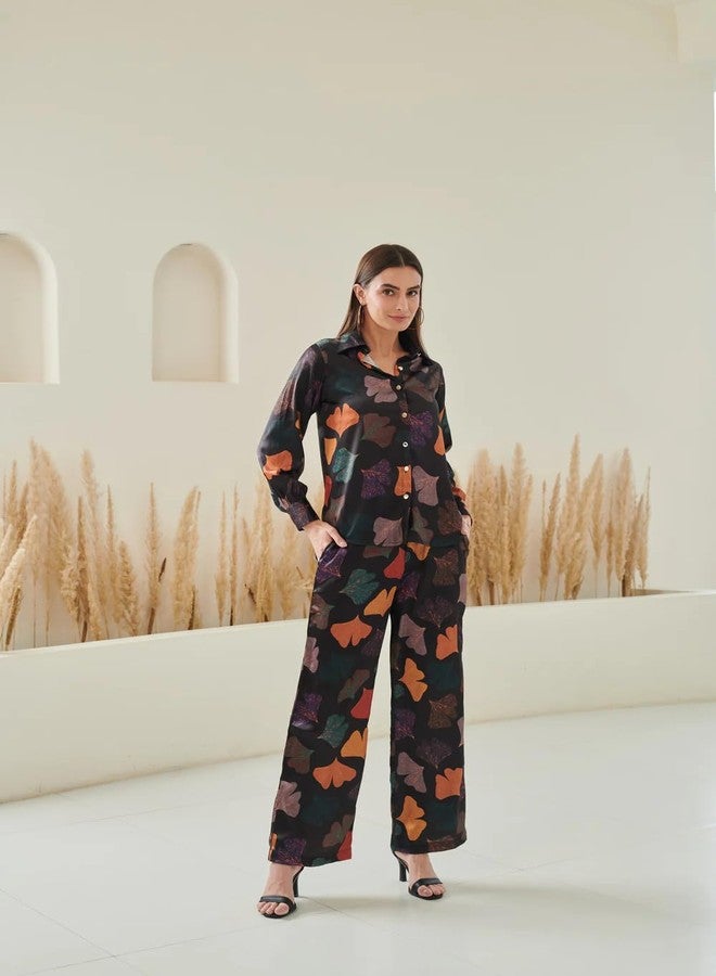 PATLANI Women's Co-ord Set (Red leavs Printed Crop Shirt & Elasticated Waist Pant Set) - Image 4