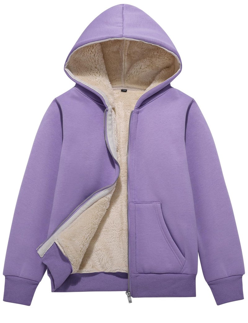 Flygo Unisex Boys Girls Fleece Jacket Hoodie Sherpa Lined Zip Up Hooded Sweatshirt Kids Winter Jackets(Purple-XS) - Image 1