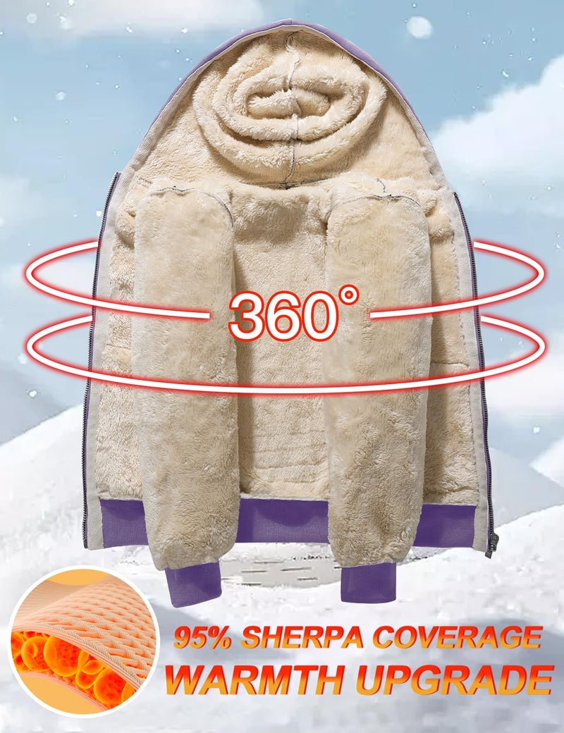 Flygo Unisex Boys Girls Fleece Jacket Hoodie Sherpa Lined Zip Up Hooded Sweatshirt Kids Winter Jackets(Purple-XS) - Image 3