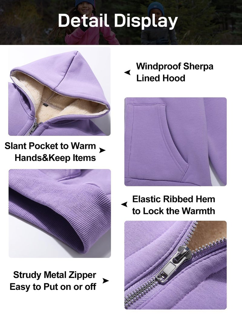 Flygo Unisex Boys Girls Fleece Jacket Hoodie Sherpa Lined Zip Up Hooded Sweatshirt Kids Winter Jackets(Purple-XS) - Image 4