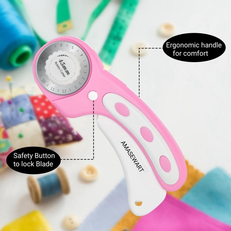 AMASEWART 45mm Rotary Cutter and Mat Set, Fabric Cutter Wheel and 12x18 Inch Self Healing Sewing Cutting Mat, Fabric Rotary Cutter with 5pcs Rotary Blades for Quilting Patchworking Crafts, Pink - Image 4