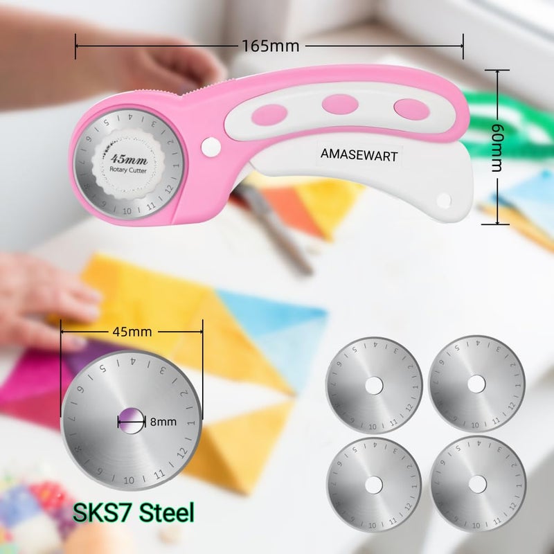 AMASEWART 45mm Rotary Cutter and Mat Set, Fabric Cutter Wheel and 12x18 Inch Self Healing Sewing Cutting Mat, Fabric Rotary Cutter with 5pcs Rotary Blades for Quilting Patchworking Crafts, Pink - Image 5