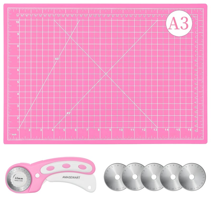 AMASEWART 45mm Rotary Cutter and Mat Set, Fabric Cutter Wheel and 12x18 Inch Self Healing Sewing Cutting Mat, Fabric Rotary Cutter with 5pcs Rotary Blades for Quilting Patchworking Crafts, Pink - Image 1