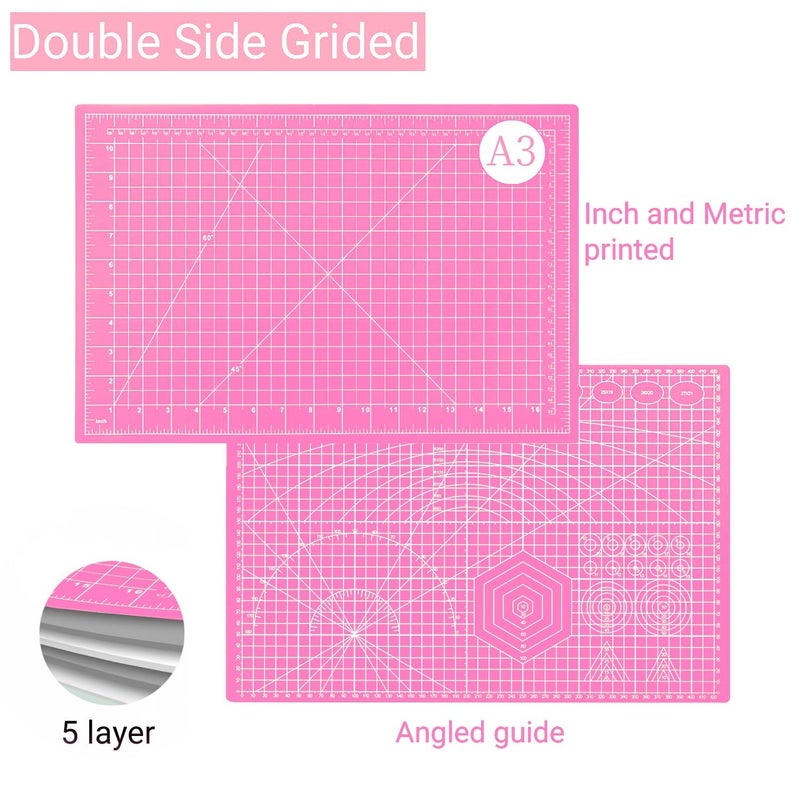 AMASEWART 45mm Rotary Cutter and Mat Set, Fabric Cutter Wheel and 12x18 Inch Self Healing Sewing Cutting Mat, Fabric Rotary Cutter with 5pcs Rotary Blades for Quilting Patchworking Crafts, Pink - Image 2