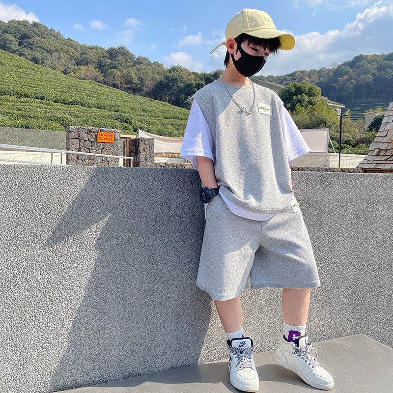 Boys Korean-style Casual Sports suit Summer New Style Western Style Colorblock Top Short-sleeved Shorts Two-piece Set Grey 