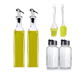 KIDINGTON 500 ml Oil Dispenser and Glass 120 ML Square Spice Jar Spatula and Oil Brush Vinegar Cruet Bottle Air Tight Salad Dressing Cruet Glass Oil Bottle Clear