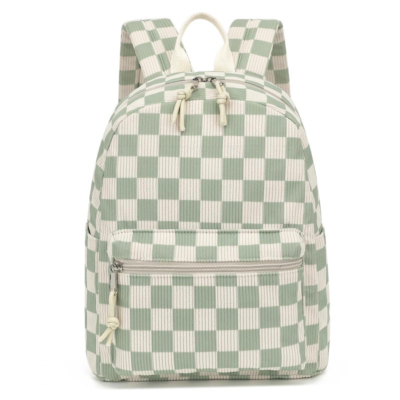 Dezcrab Corduroy Mini Backpack Purse Fashion Small Backpack Casual Daypack for Women Girls School Travel Checkered Green - Image 2