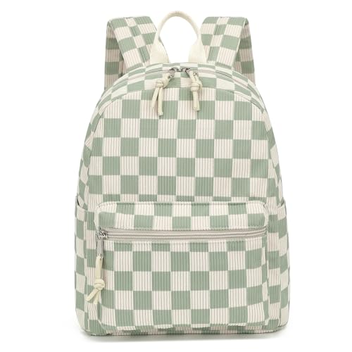 Dezcrab Corduroy Mini Backpack Purse Fashion Small Backpack Casual Daypack for Women Girls School Travel Checkered Green - Image 1