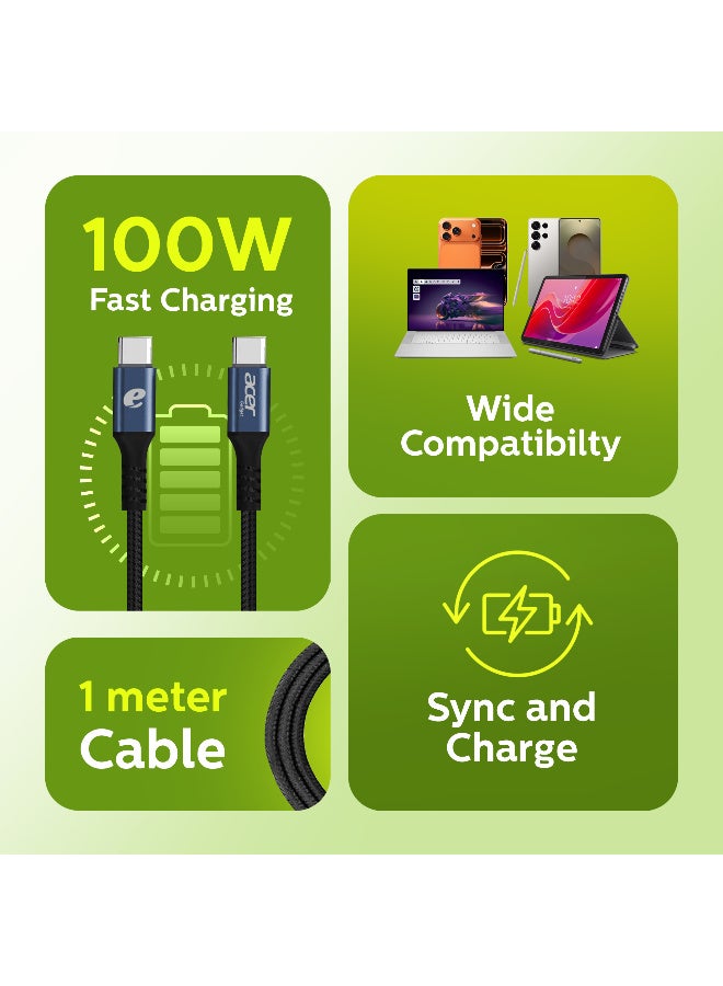 Acer USB-C to USB-C Fast Charging Cable 100W, 1 Meter - High Speed Data Sync & Power Delivery for Laptops, Tablets, and Smartphones - Black - Image 2