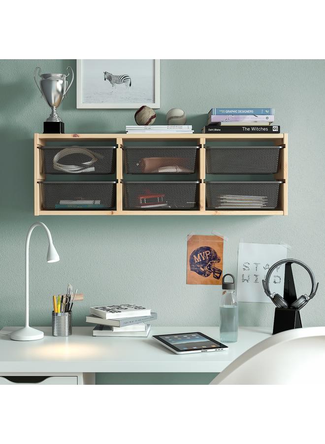 زبون وحدة تخزين حائط، خشب صنوبر مصبوغ باللون الأبيض الفاتح/رمادي غامق، 93X21X30 سم - Image 2