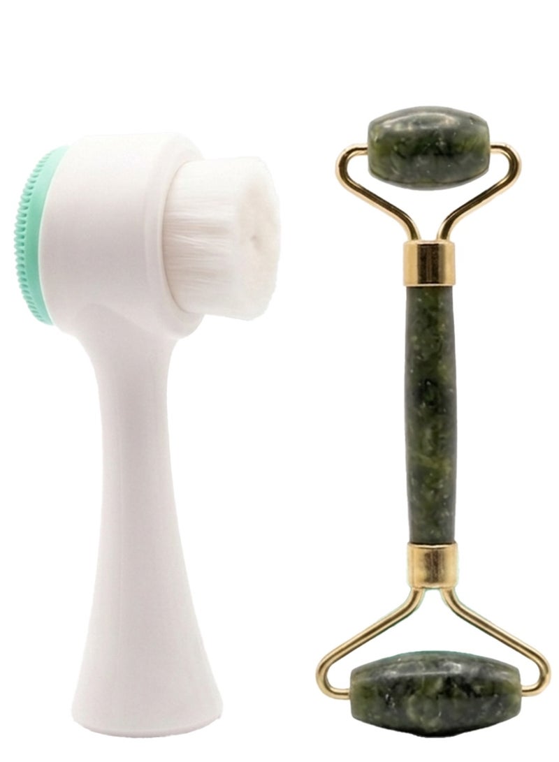 2 in 1 Facial Cleansing Brush & Jade Roller , Dual Sided Face Cleanser Tool for Deep Pore Cleansing, Exfoliation, Skin Care Massage, Anti-Aging Facial Massager for Blackhead Removal, Skin Revitalizing Beauty Tool - Image 2