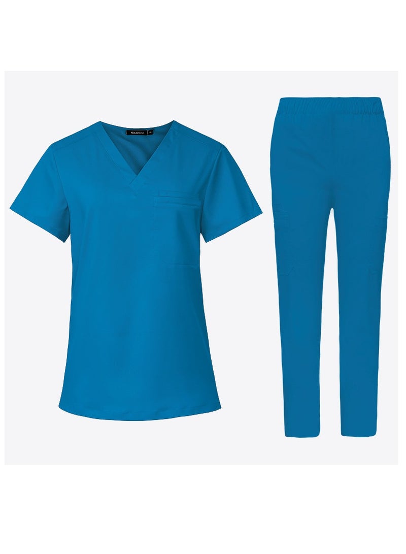 Loquat Medical Uniform Scrubs 2 Piece Set V-Neck Top and Elastic Waist Pants Suit Blue - Image 1